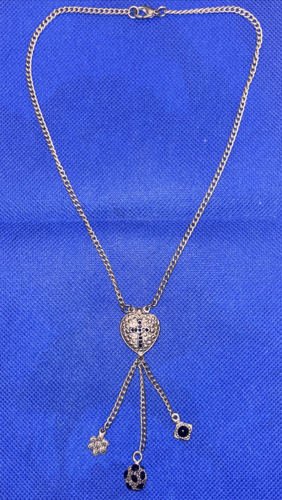 Vintage EH Pewter Heart Cross Charm Necklace Y2K Goth 16”