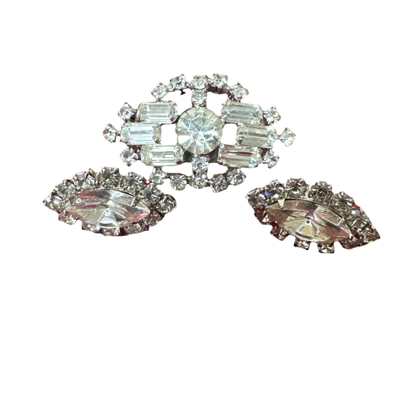 Unique “Made In Austria” Vtg. Rhinestone Brooch And Earrings Set Silver Tone