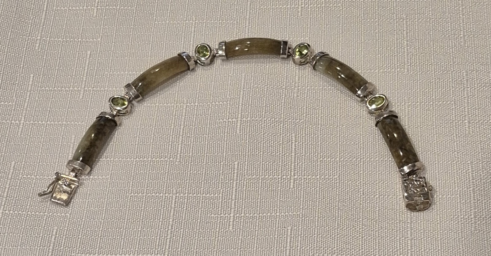 Vintage Sterling Silver 925 Jade & Green Gemstones Panel Bracelet 7.5″ DBJ EUC