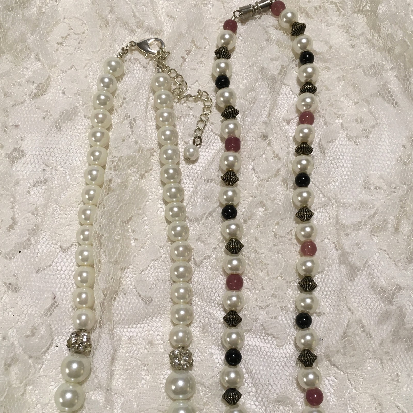 Vintage Faux Pearl Bead Necklaces 2 Rhinestones Silver color Pink Beads