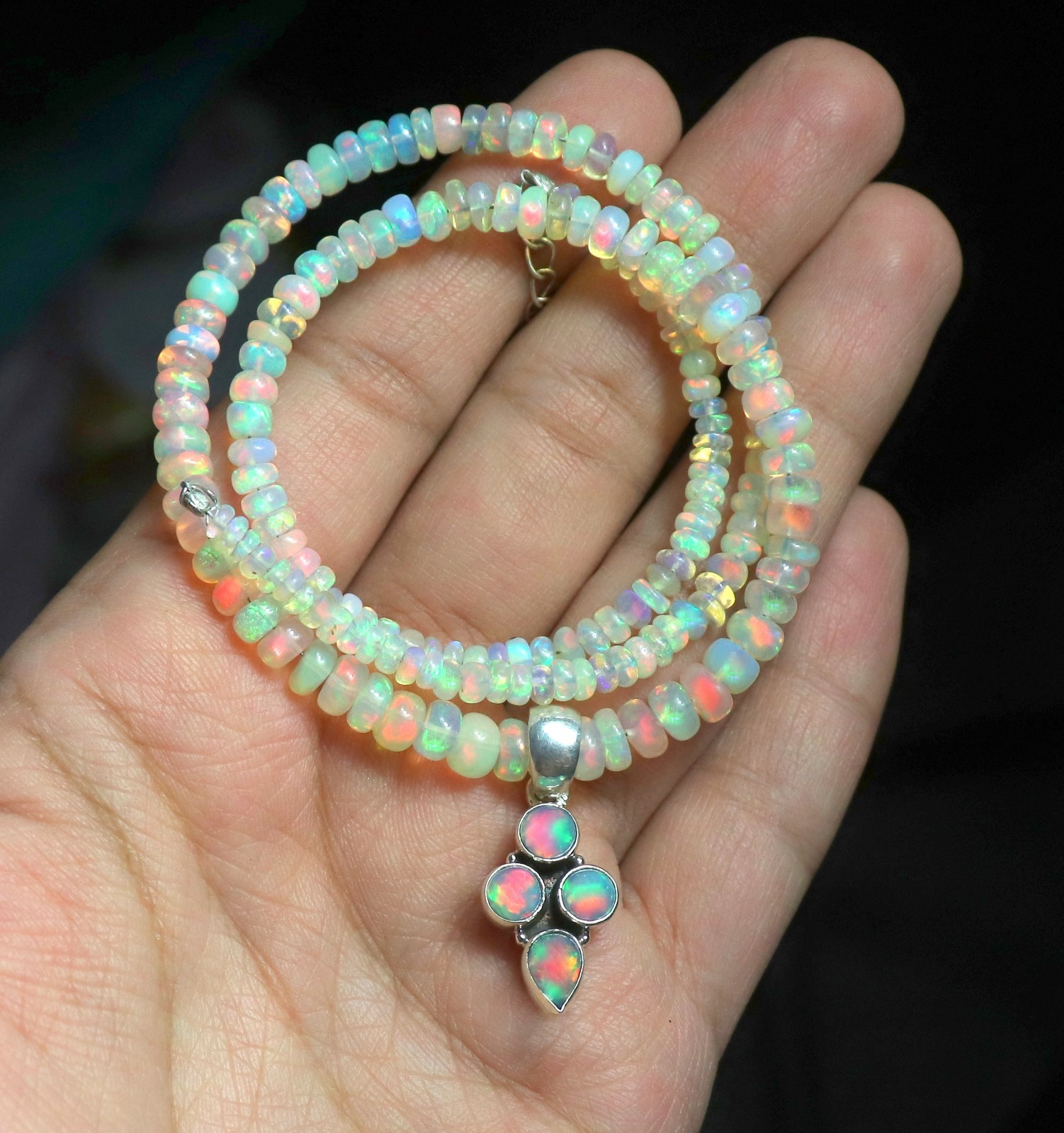 Natural Ethiopian fire opal beaded necklace with sterling silver opal pendant