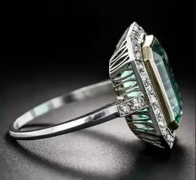 Vintage Art Deco Style 6.10Ct Lab Created Emerald & Diamond Wedding Silver Ring