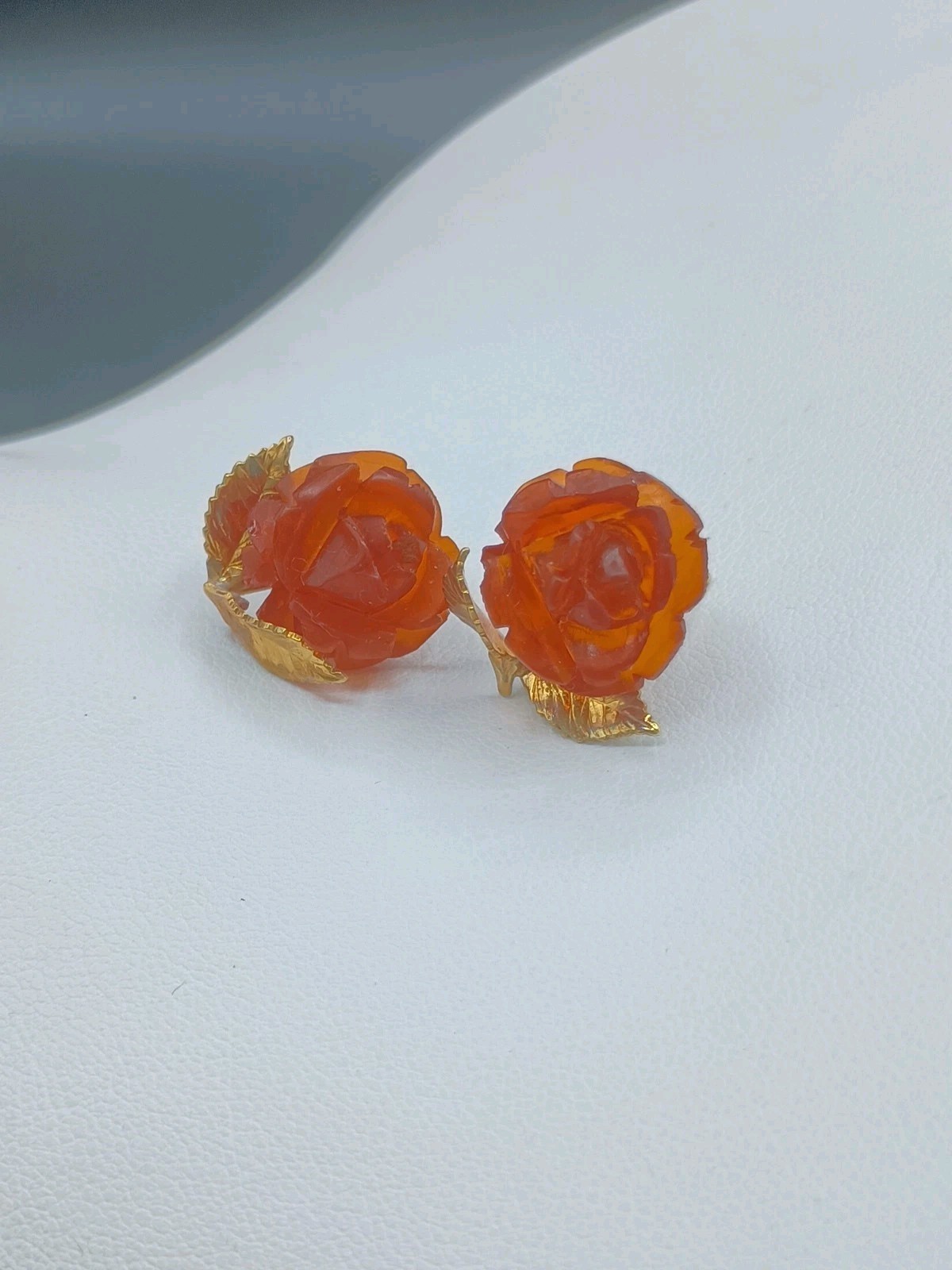 Amber Guild Earrings Stud 1/20 12K GF Gold Filled Rose Carved Amber .75”