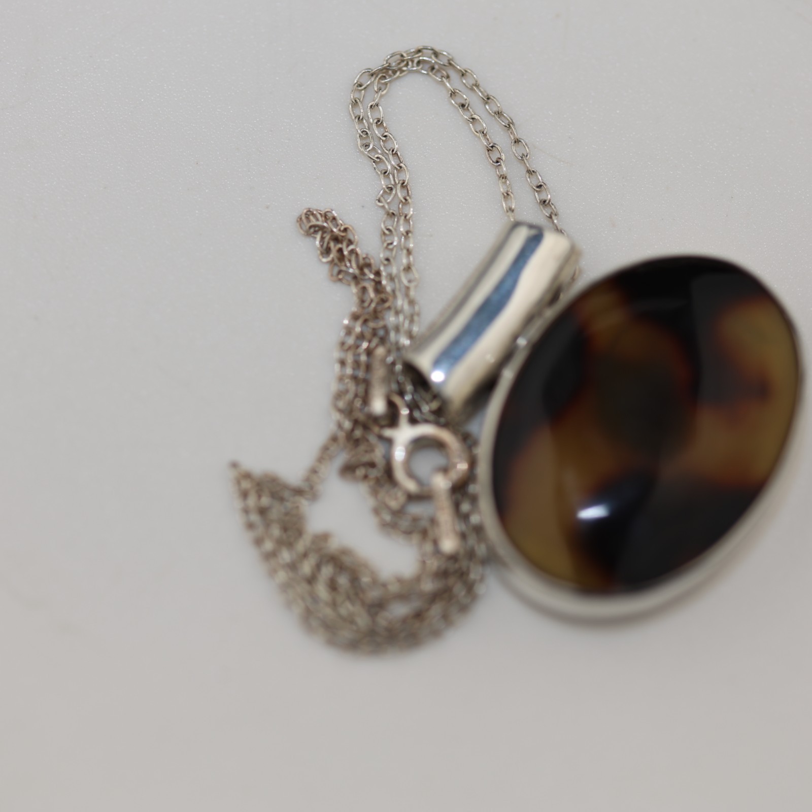 Amber Agate Oval Pendand Necklace Sterling Silver