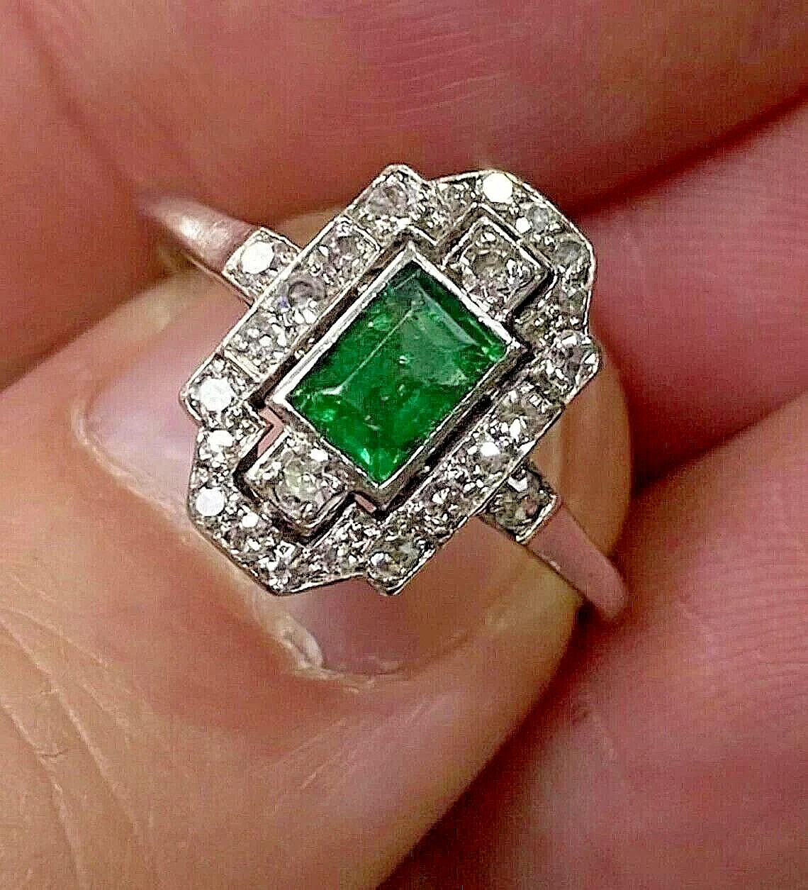 Art Deco Style Lab Created Diamond & Emerald Engagement 14k White Gold FN Ring