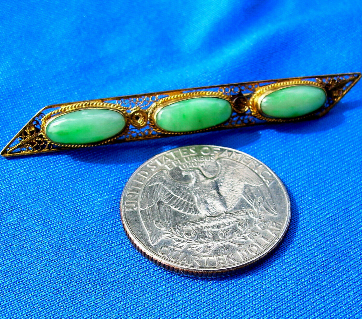 Original EARTH MINED JADE Antique Art Deco Brooch Vintage SOLID 14K GOLD Bar Pin