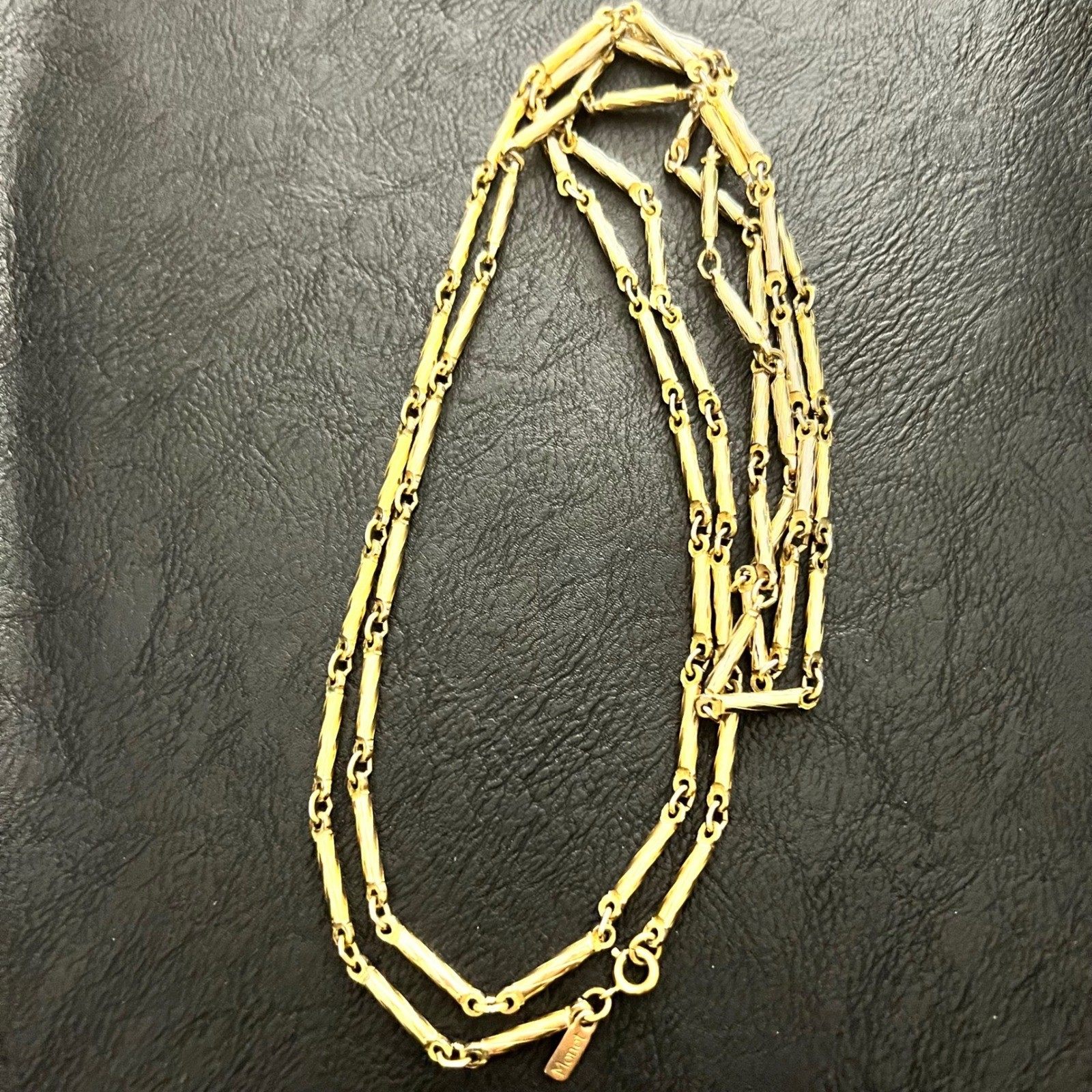 Monet Vintage Gold Tone Textured Bar Link Long Opera Chain Necklace 56″ Boho 70s