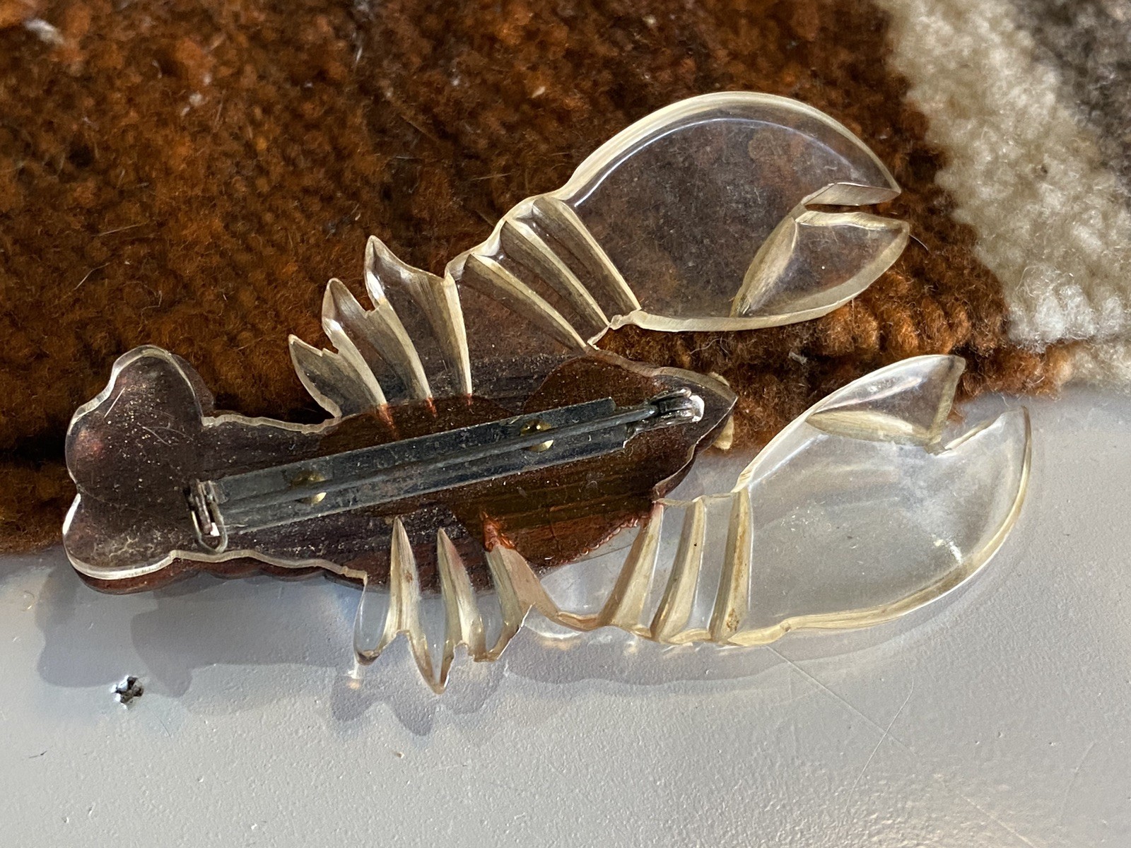Vintage WWII Era Lucite Wood Lobster Figural Brooch Wartime Novelty Pin 1940s