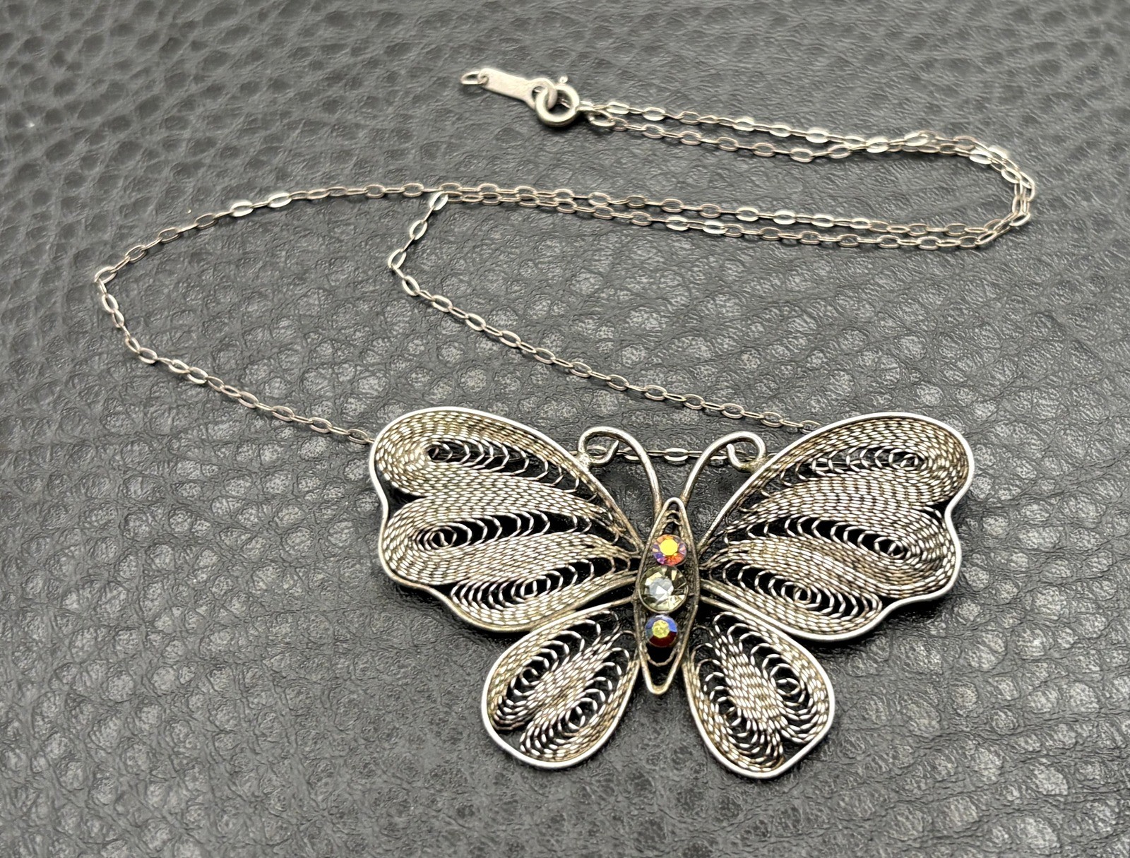 Sterling Silver Filigree Butterfly Pendant Necklace w/ Aurora Borealis