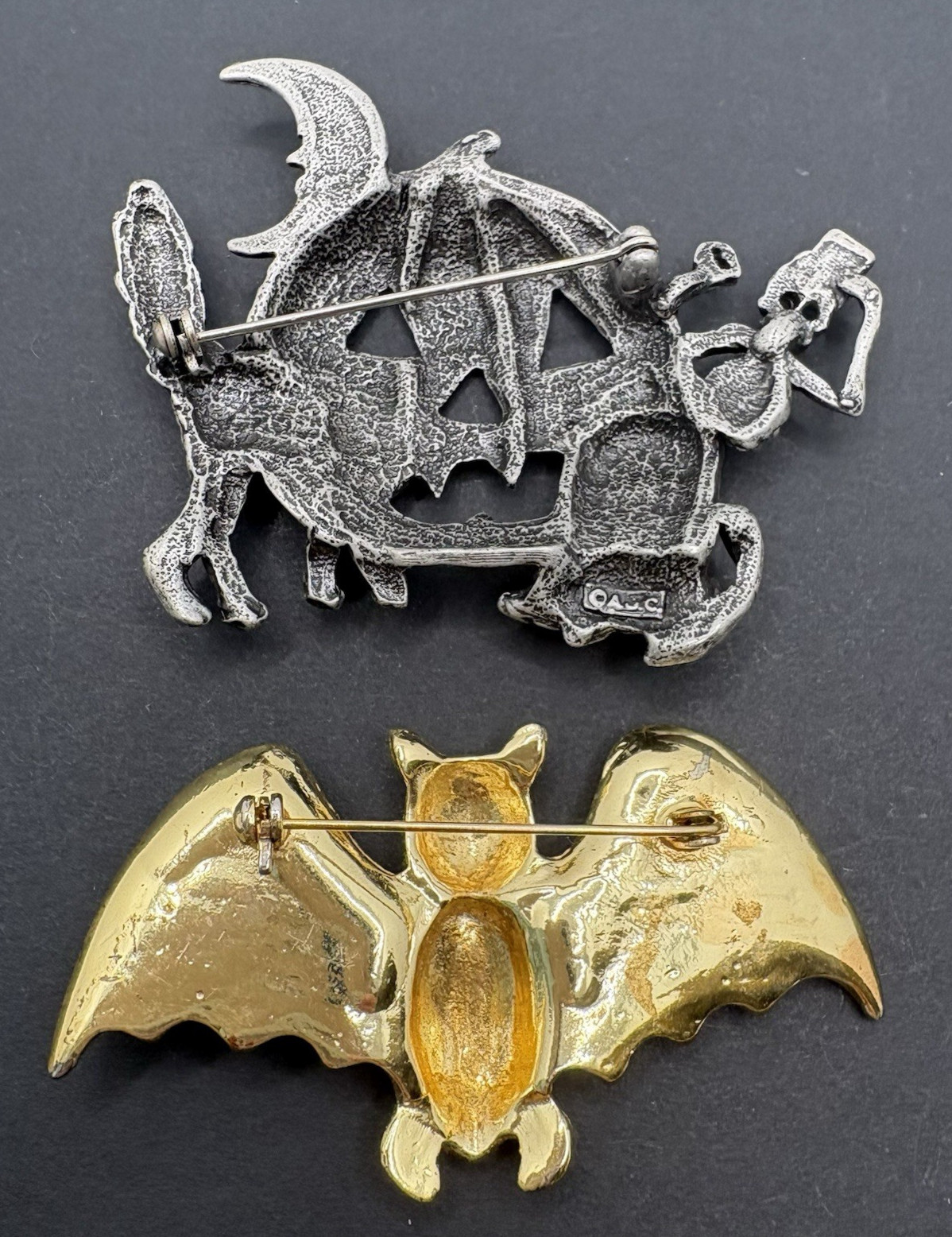 Vintage Lot of 2 Halloween Bat Brooches Pumpkin Skeleton Cat AJC Unsigned