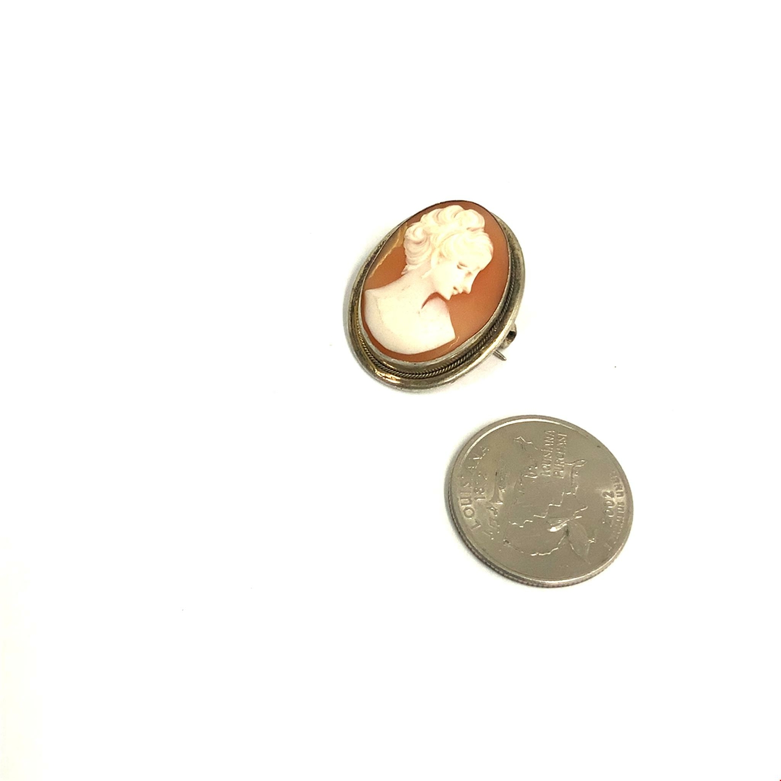 Antique Signed 800 Victorian Carved Shell Female Lady Oval Cameo Brooch Pin