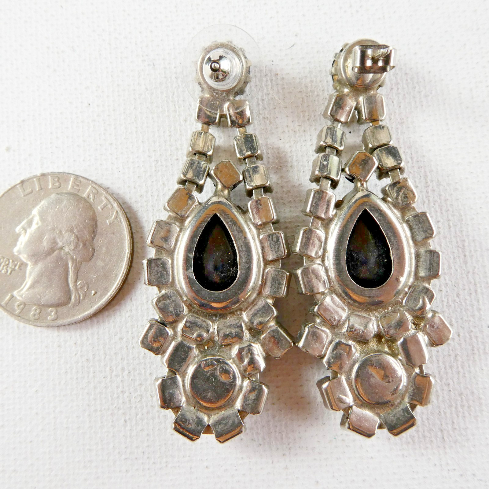 Vintage Rhinestone Dangle Drop Earrings White Black Prong Set Clear Stones