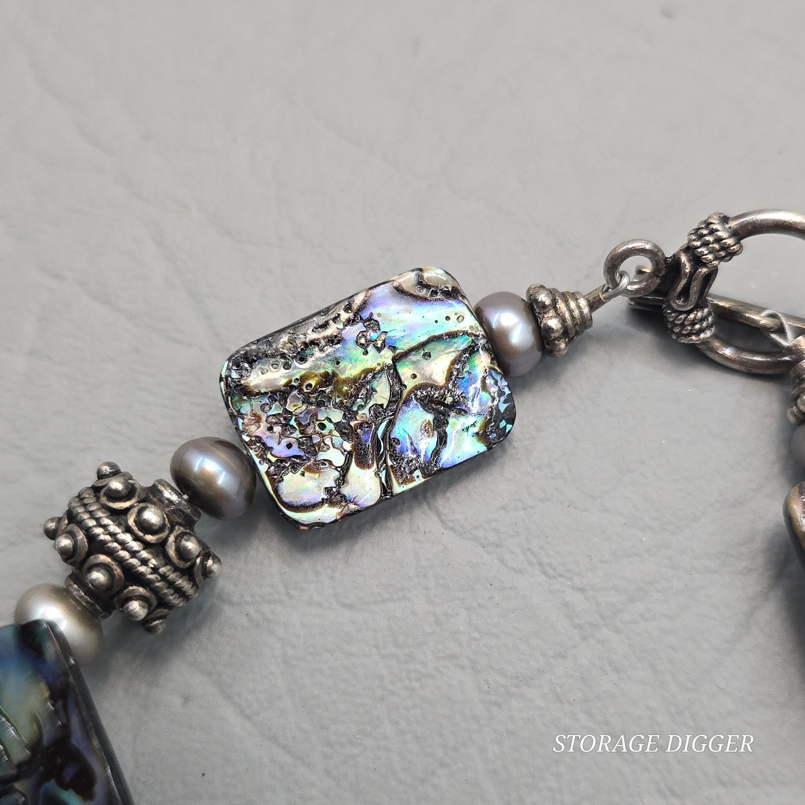 VTG Rectangle Abalones & Silver Tone Beaded Bracelet 8.75″ Long, Toggle Closure