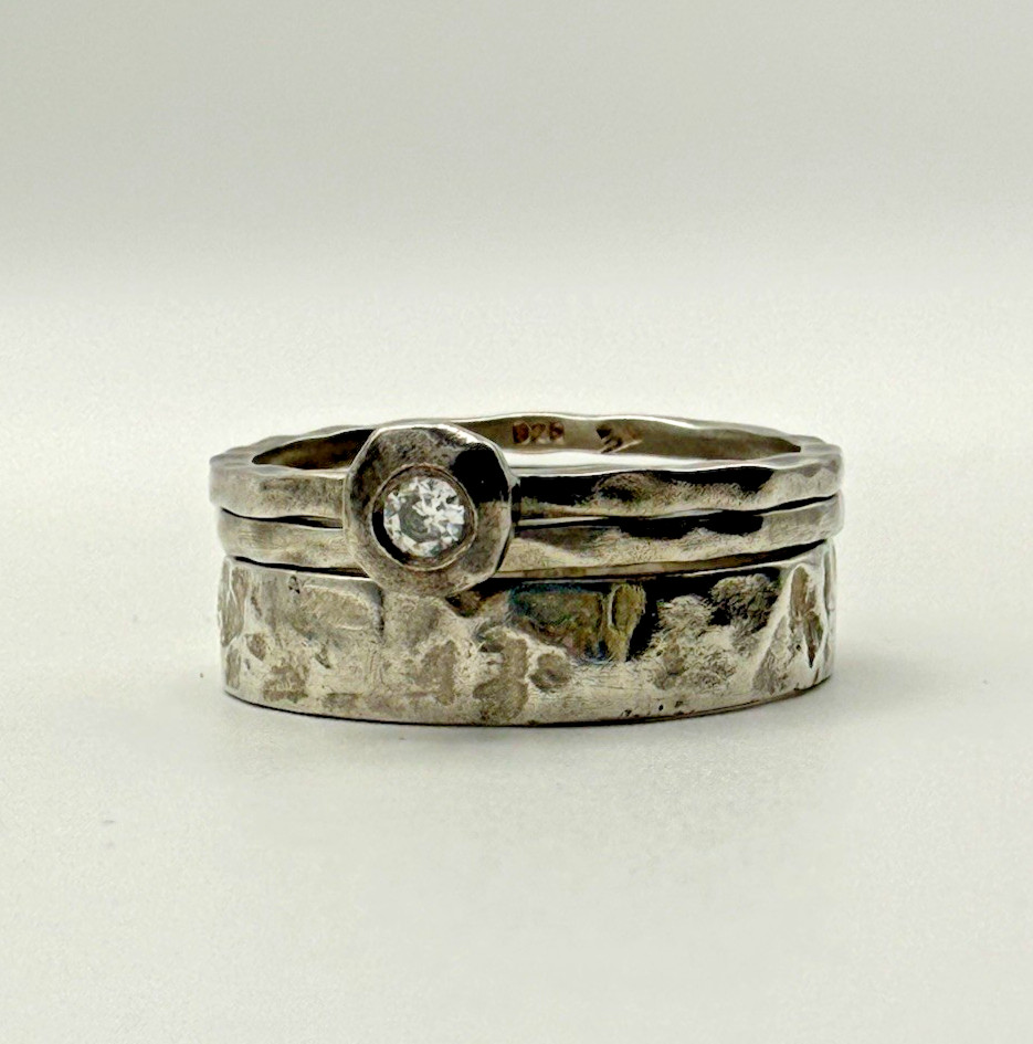 Silpada 925 Sterling Silver Stackable Ring Set Hammered CZ Size 8 Vintage