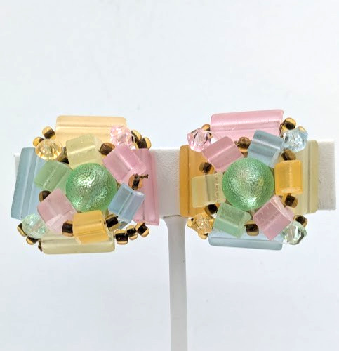 Vintage Pastel Earrings West Germany Lucite Clip On Beaded Mid Century