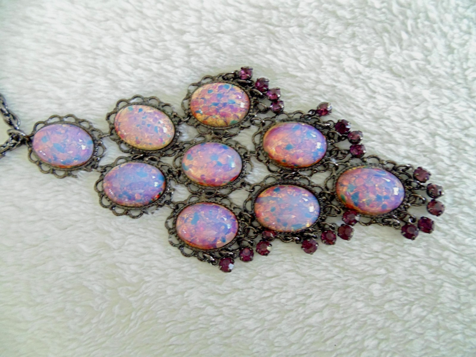 Vtg Dragons Breath Pink Fire Opal Purple Rhinestone Waterfall Pendant Necklace
