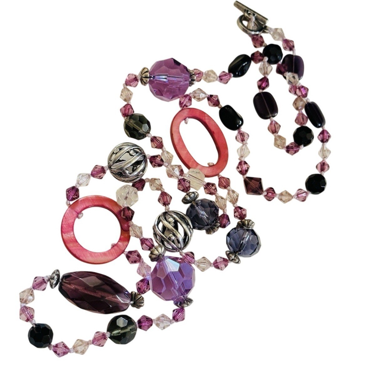 Vtg Necklace 90s Crystal Purple Pink Faceted Beads Mother Of Pearl Beads 40″