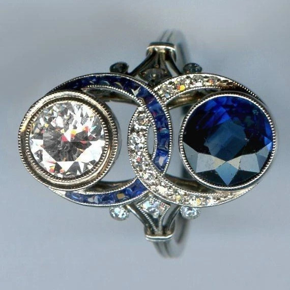 Art Deco Round Lab Created Diamond Halo Sapphire Engagement 925 Silver Rings