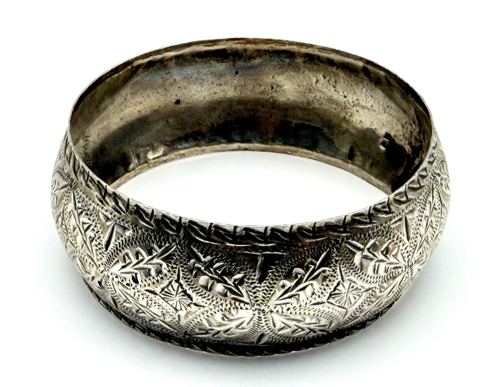 Vintage North African Sterling Silver Wide Engaved Tribal Bangle Bracelet 26.45g
