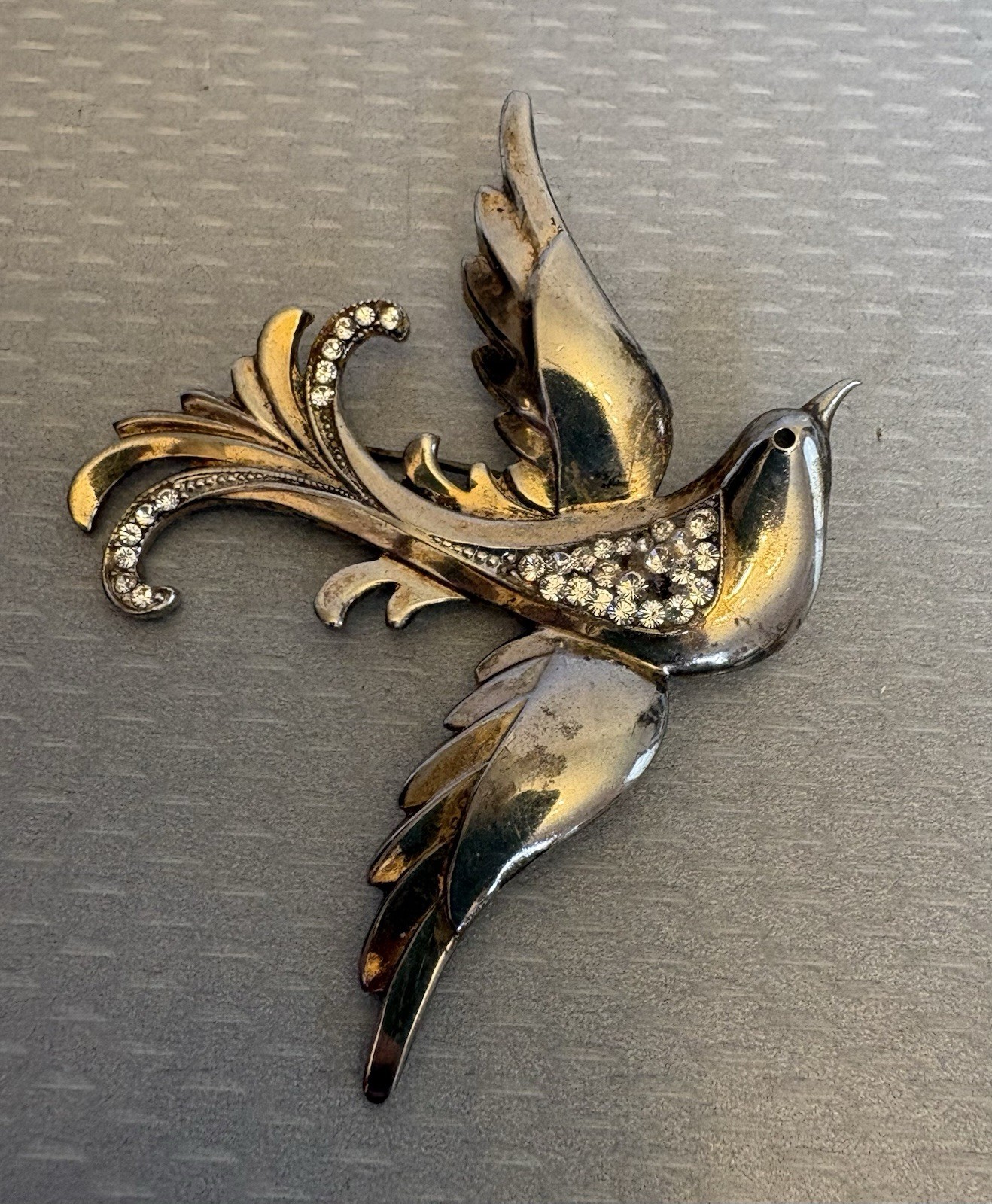 1940s Retro Vintage Sterling Gold Vermeil Rhinestone Bird Brooch 30g READ