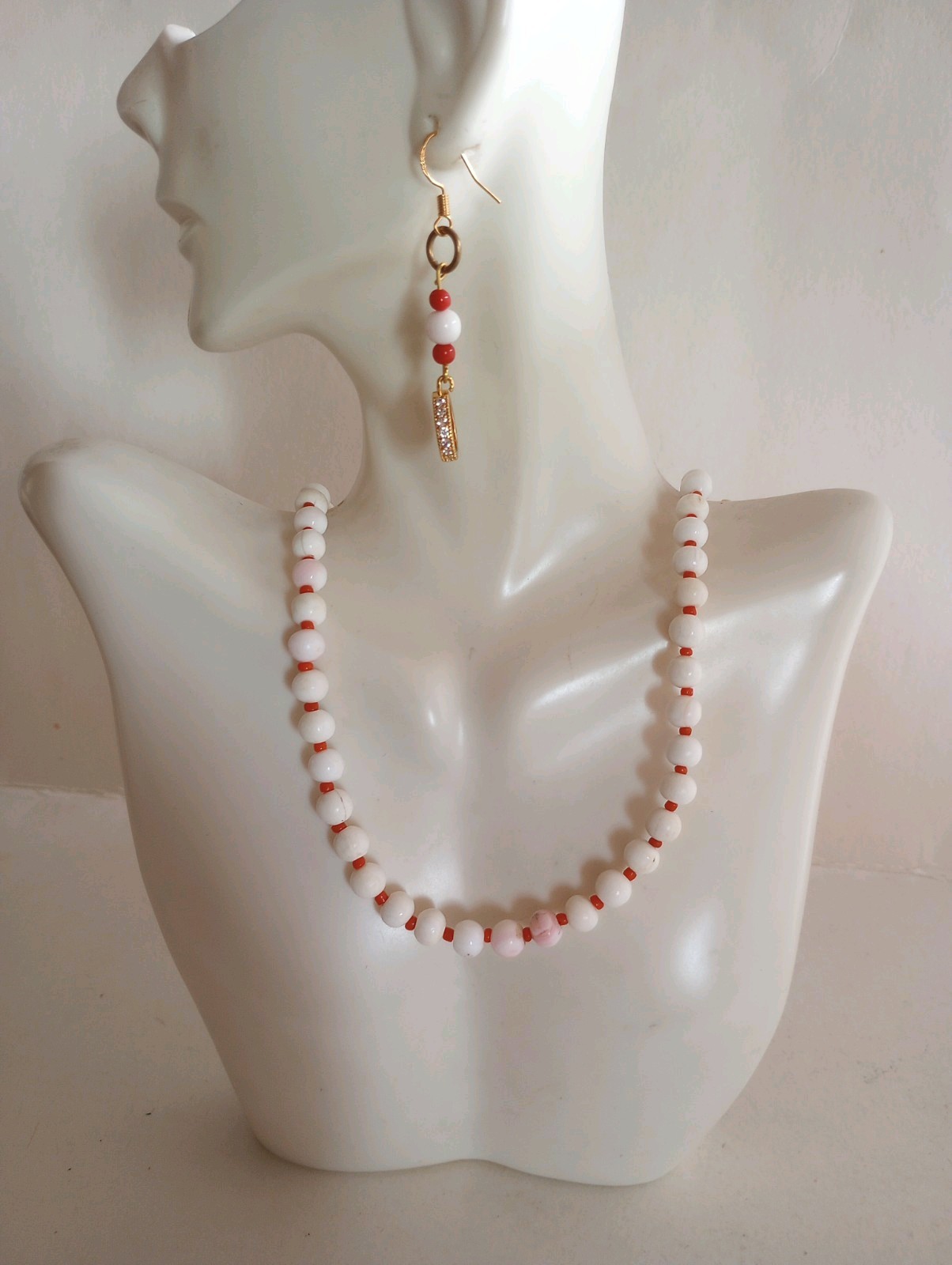 Estate 14K/20 GF Conch Shell White Coral Red Coral Necklace Earrings 30G 18″Long