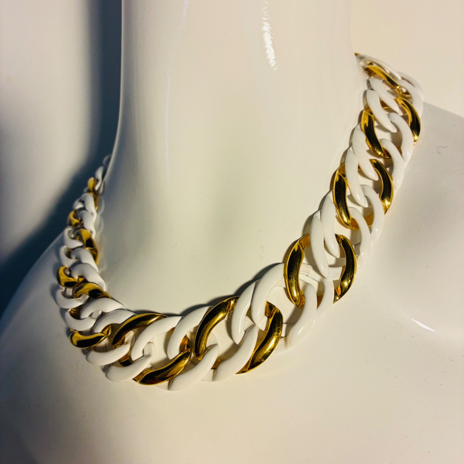 Napier Necklace Bracelet Set White Enamel & Gold Plated Chain Link Statement