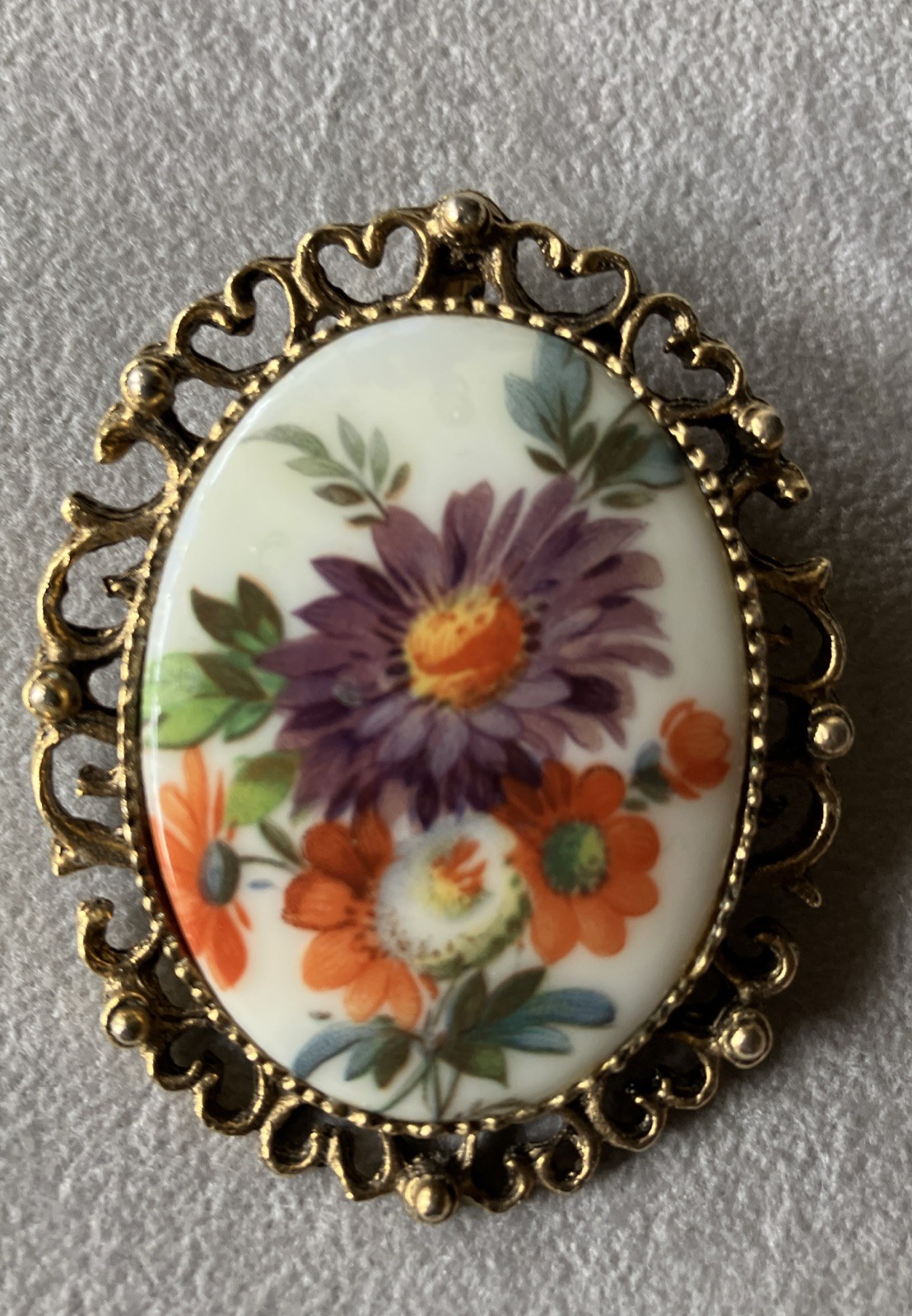 Vintage Filigree Goldtone Hand Painted Floral Brooch/Pendant 2 X 1.75 Inches