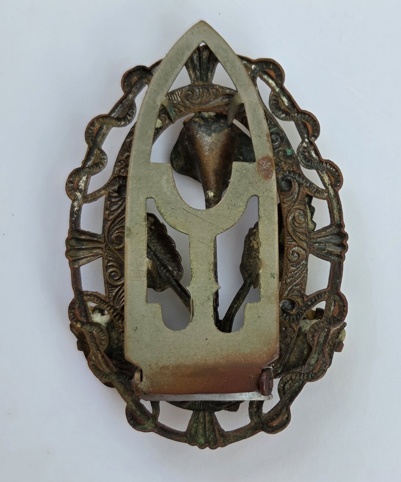 Antique Embossed Floral Bronze Metal Art Nouveau Pearl Flower Brooch Pin