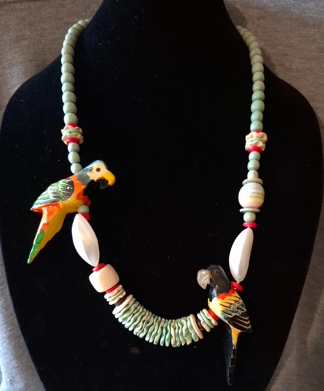 Vintage Tropical Jewelry Hand-Carved Parrots, Wood Beads, Seeds Necklace