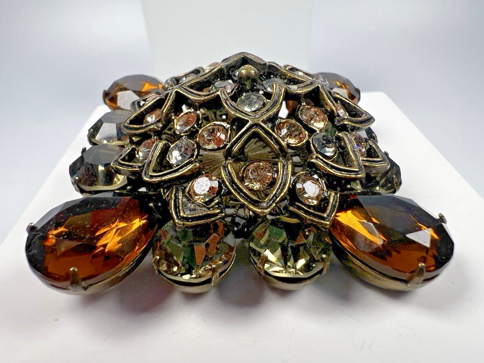 Vintage Unsigned RJ Graziano Smokey Rhinestone Bronze Color Brooch WOW