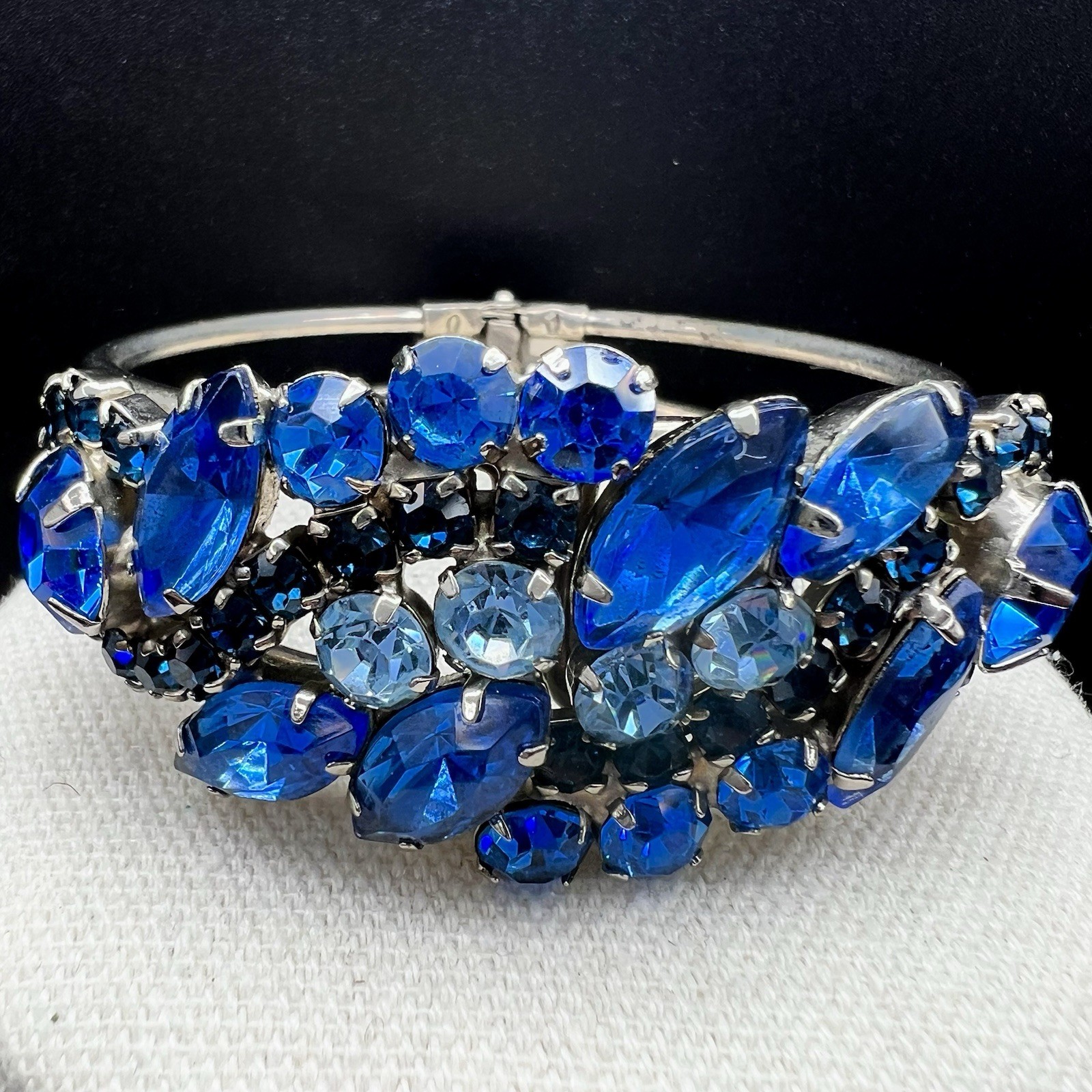 Vintage Blue Navette Rhinestone Hinged Bangle Bracelet SilverTone Statement Glam