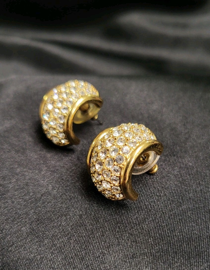 Vintage Signed Swarovski Gold Tone Pave Crystal Dome Barrel Stud Earrings