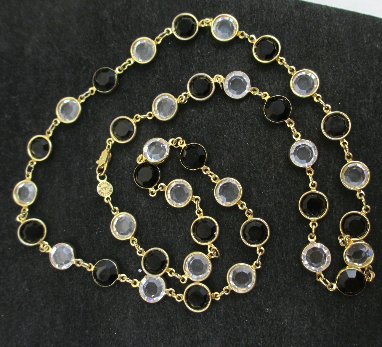 Vintage Black and Clear Austrian Crystal Bezel Gold Necklace 32″ Long Faceted