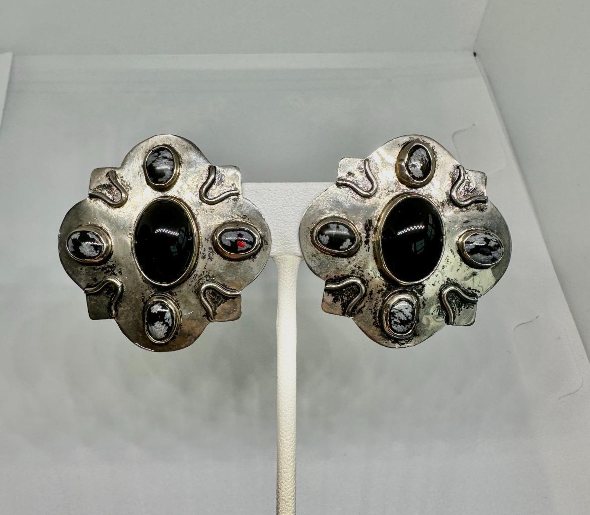 Vikki Carr Estate Native American Onyx Agate Silver Earrings Certificate Authent
