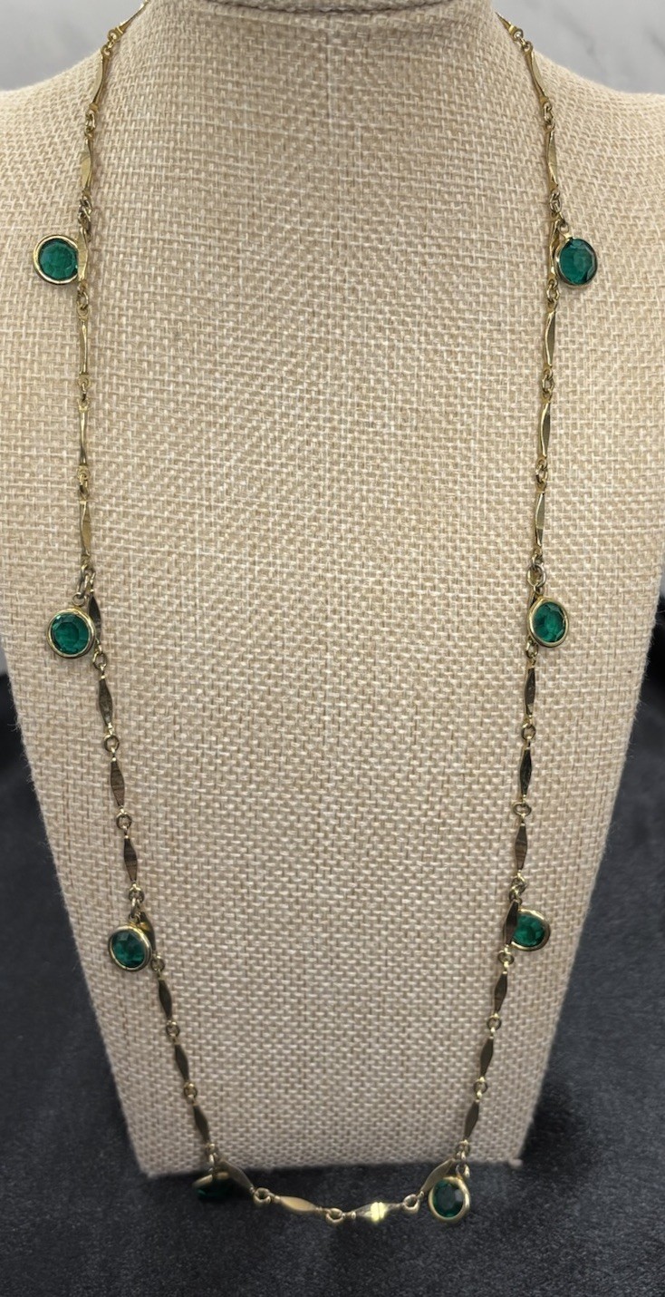 Vintage Bezel Set Green Crystal Station Necklace Bar Link Chain 23”