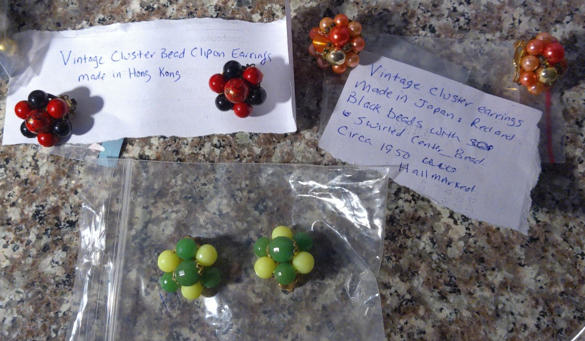 3 Pairs Cluster Clip On Earrings Hong Kong Japan VTG Greens Red Pink Clusters