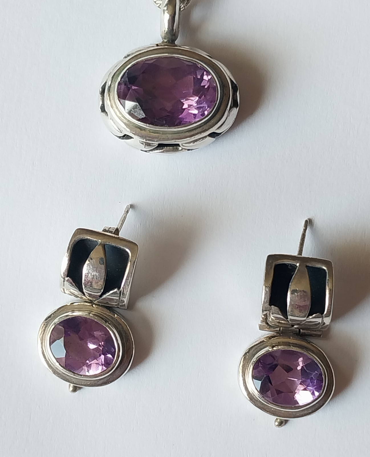 Lori Bonn 925 Sterling Silver Amethyst Earrings Pendant Set 19g Bali Vintage