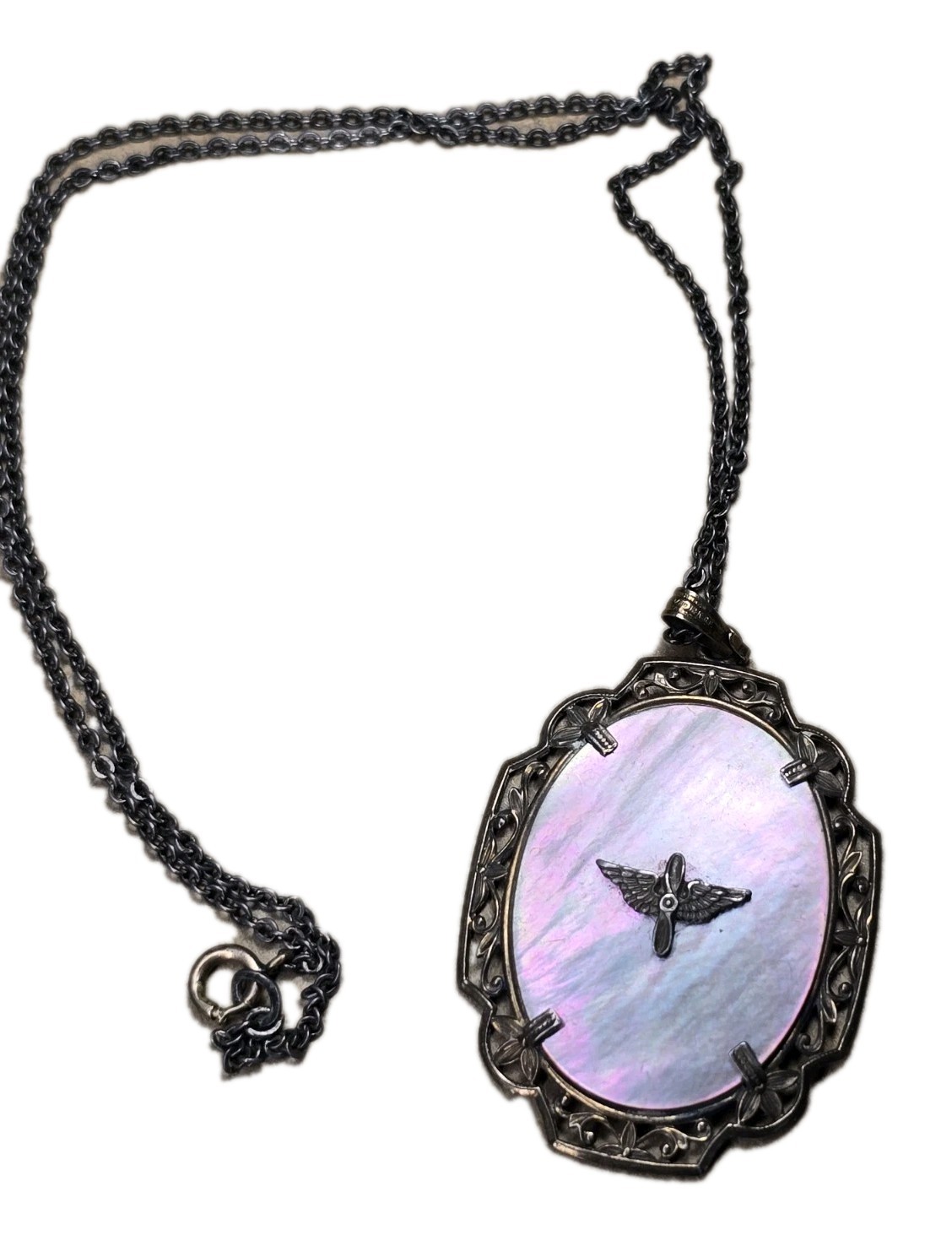 STERLING SILVER WW II LOCKET WINGS MOP On ABALONE US ARMY AIR CORP 1.5″ Tall