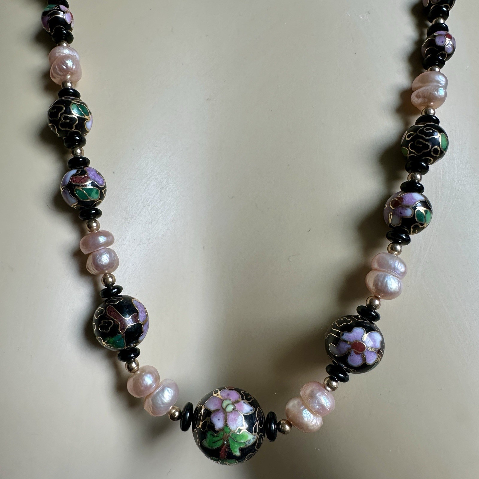 Vintage Chinese Cloisonne Necklace 26 Inch Floral Beads Baroque Pearls Flowers