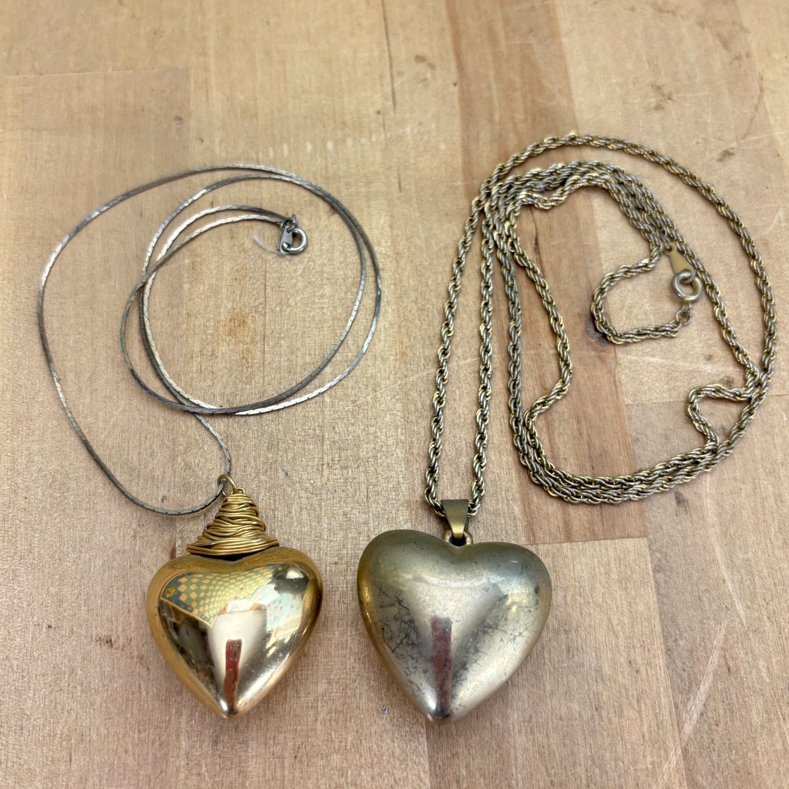 2 Vtg Puffy Heart Necklaces, Gold Tone, 1.5″, Rope Chain 30″, Other 22″