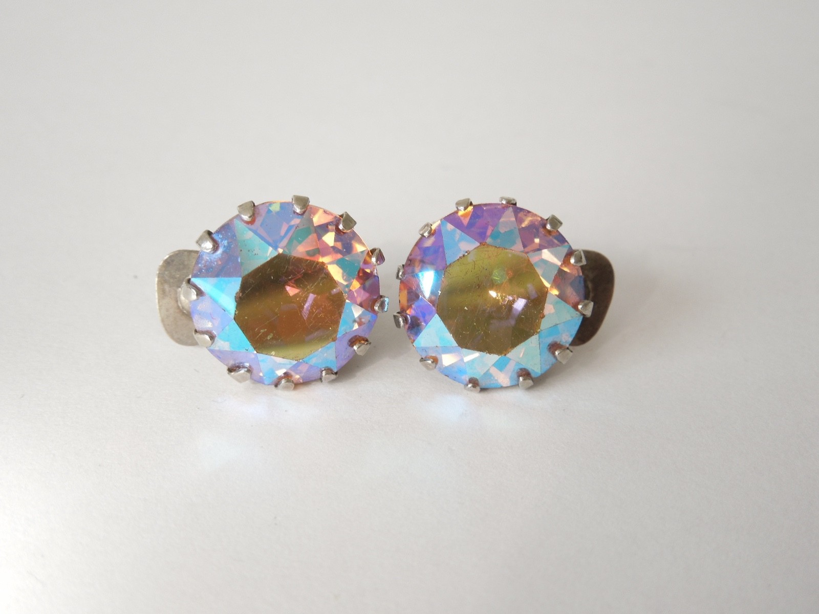 Vintage Ear Clips Rhinestone Aurora Borealis Colorful 7.2 G/Ø 1.5 Cm