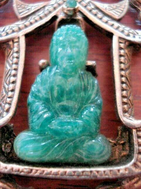 Rare Vintage Signed Edlee Gold Tone Asian Themed Faux Jade Pendant Necklace