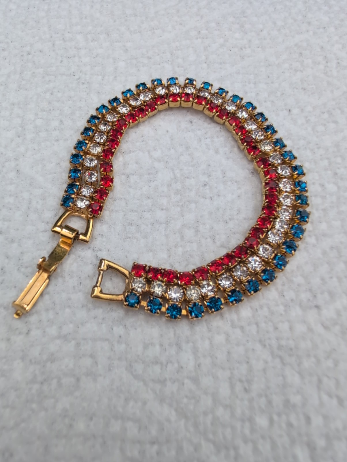 Vintage Red White & Blue Rhinestones Bracelet Clip On Earring Set 4th Of July