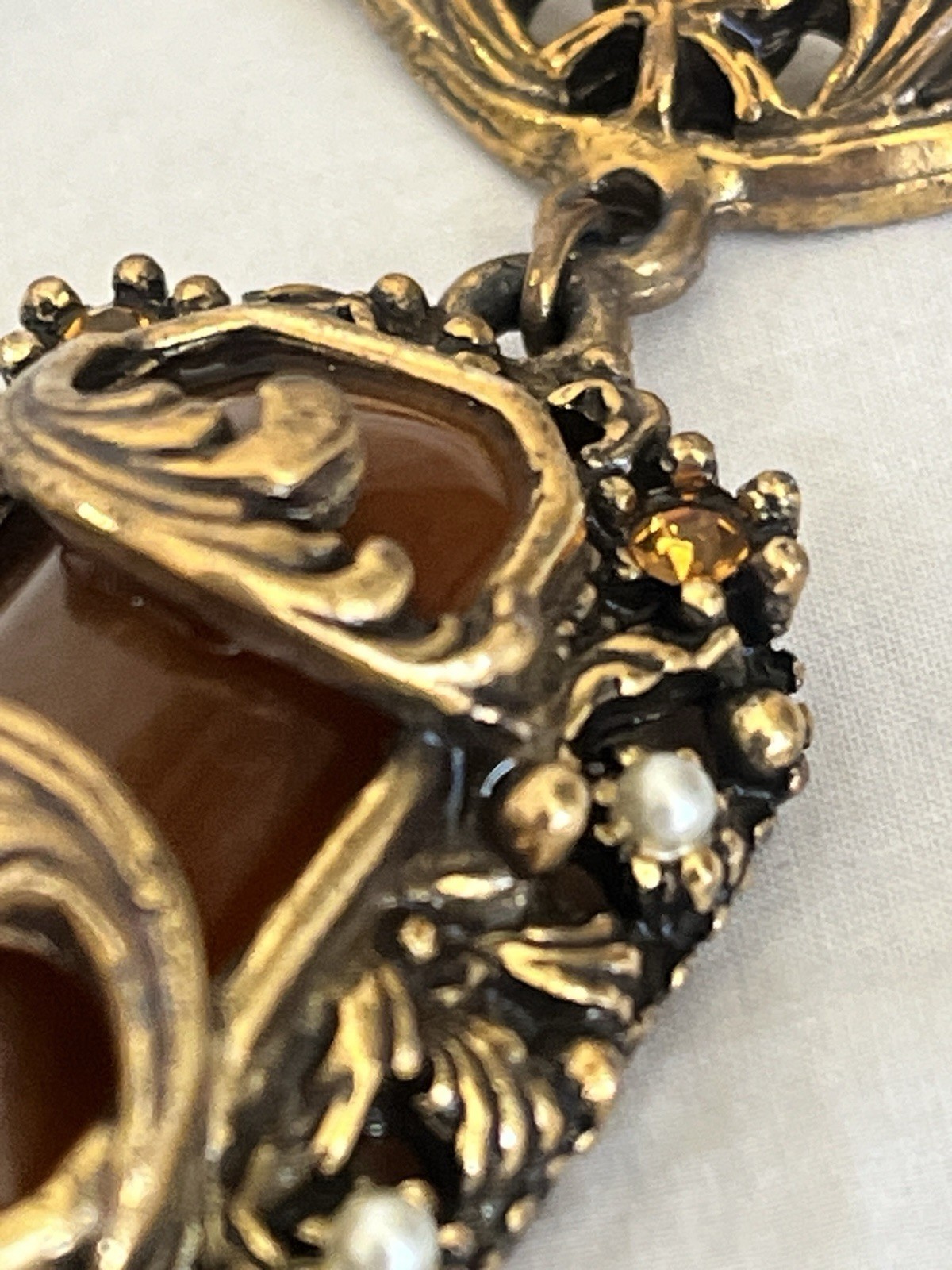 Vintage Amber Necklace with Filigree Detail Victorian Art Nouveau Czech Style