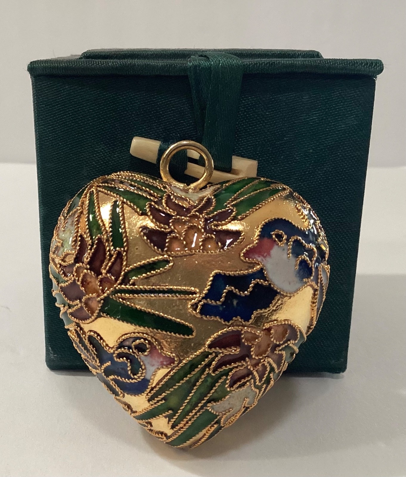 Gold Tone Metal Cloisonne Enamel Puffy Heart Shaped Pendant or Ornament With Box