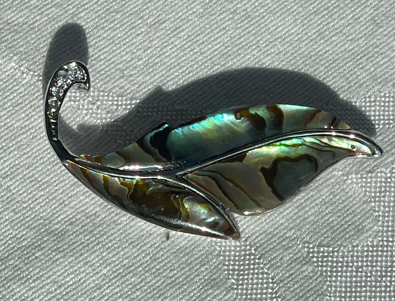Vintage Abalone Shell Leaf Brooch Pin Clear Rhinestones Inlaid MCM Mermaidcore