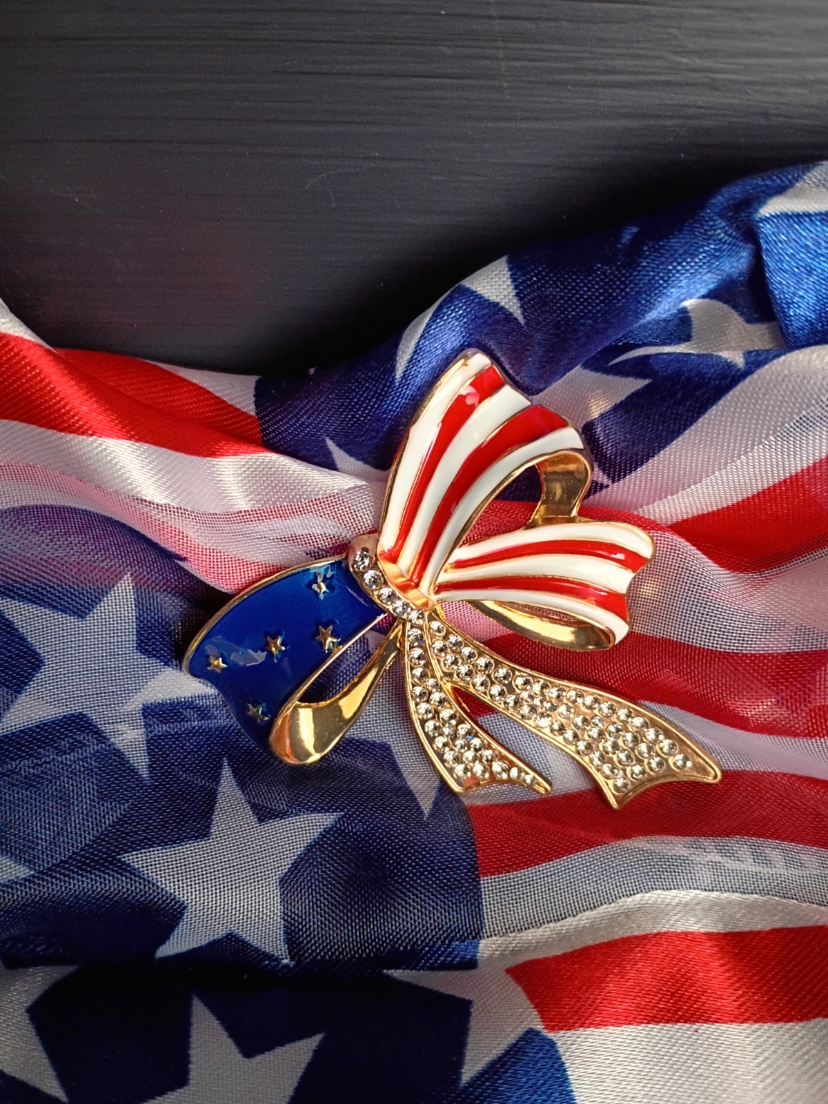 America’s 250th Birthday! American Flag Rhinestone Bow Brooch