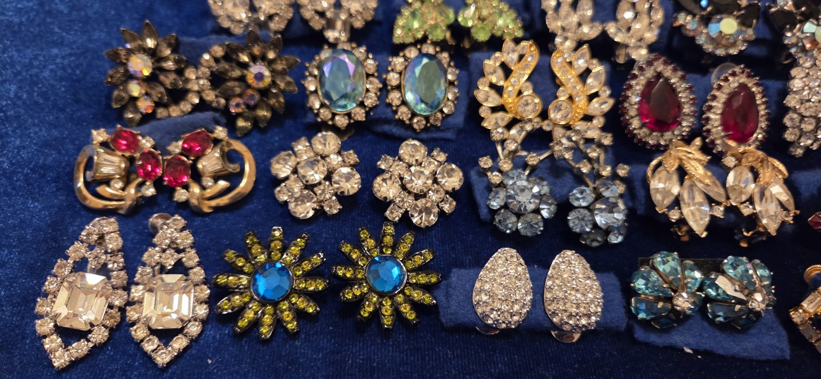 Vintage Rhinestone Earrings Lot Of 27. 12 Signed Monet Weiss Hobe Trifari Kramer
