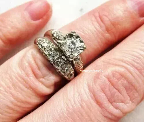 Vintage 2.7Ct Art Deco Round Lab Created Diamond 925 Silver Engagement Ring Set