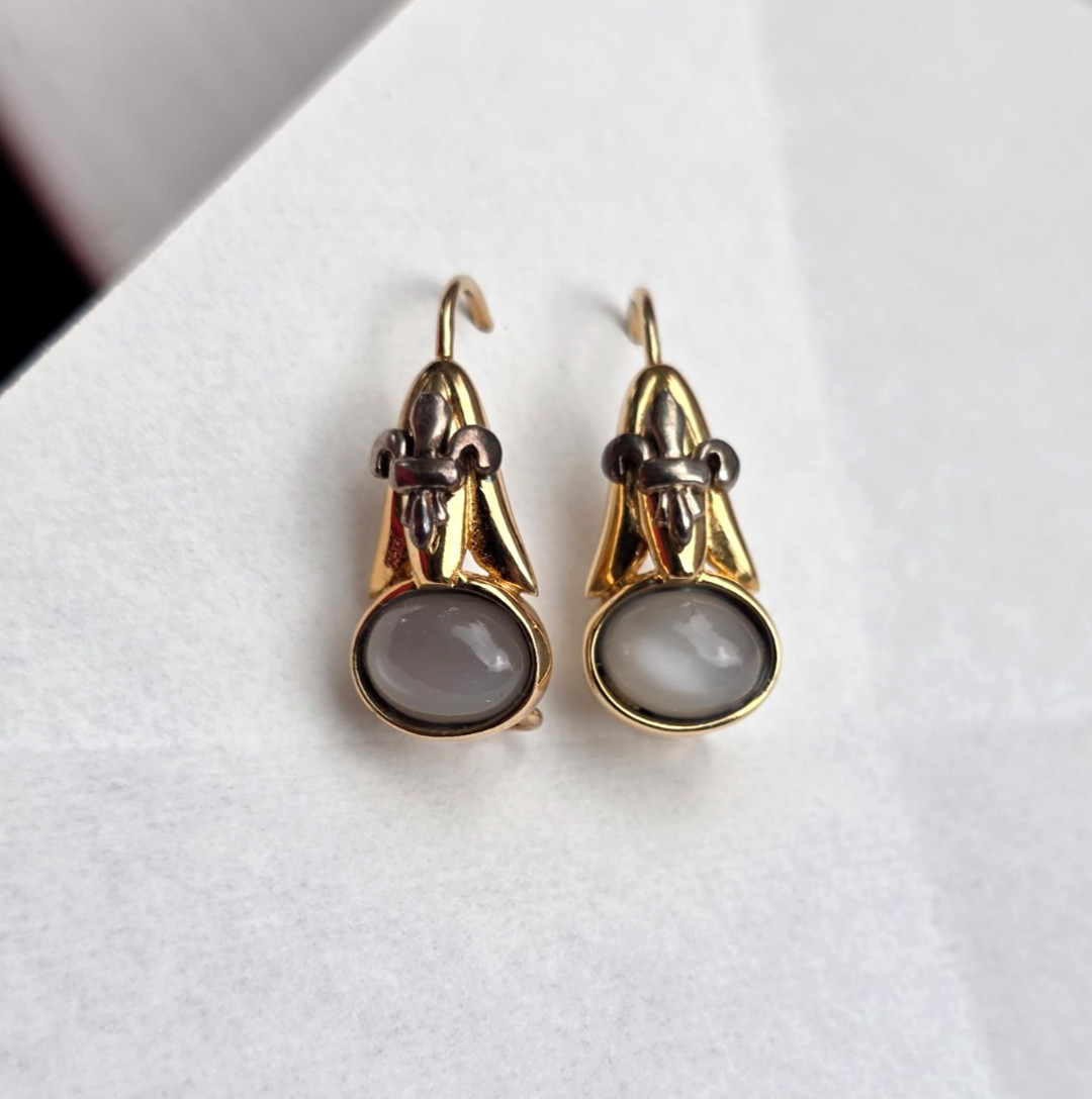 Vintage Earrings 925 Goldtone Sterling Gray Oval Moonstone drops